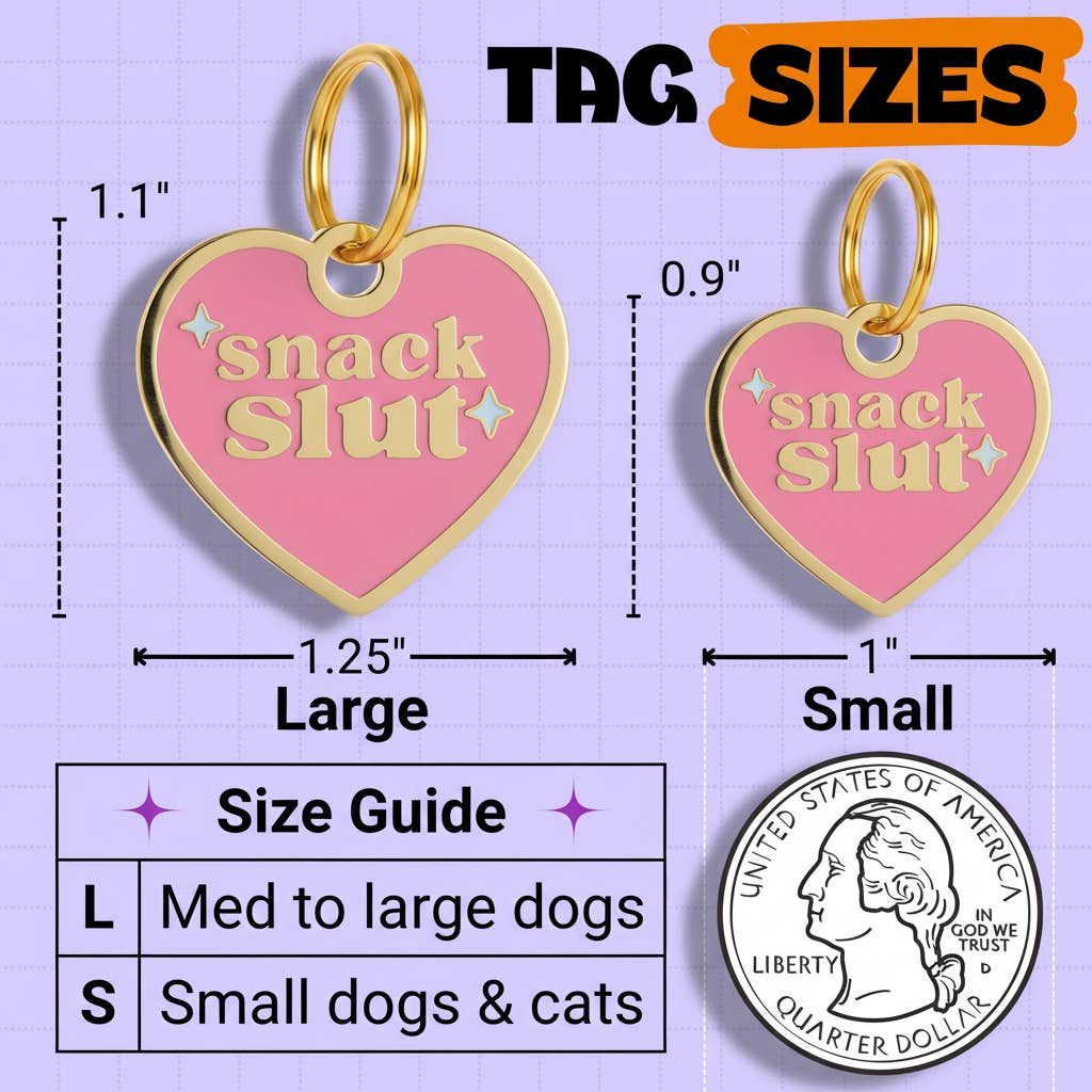 Funny Gold Enamel Dog Charm & Pet ID Tag - Snack Slut : Large / Engraved QR Code