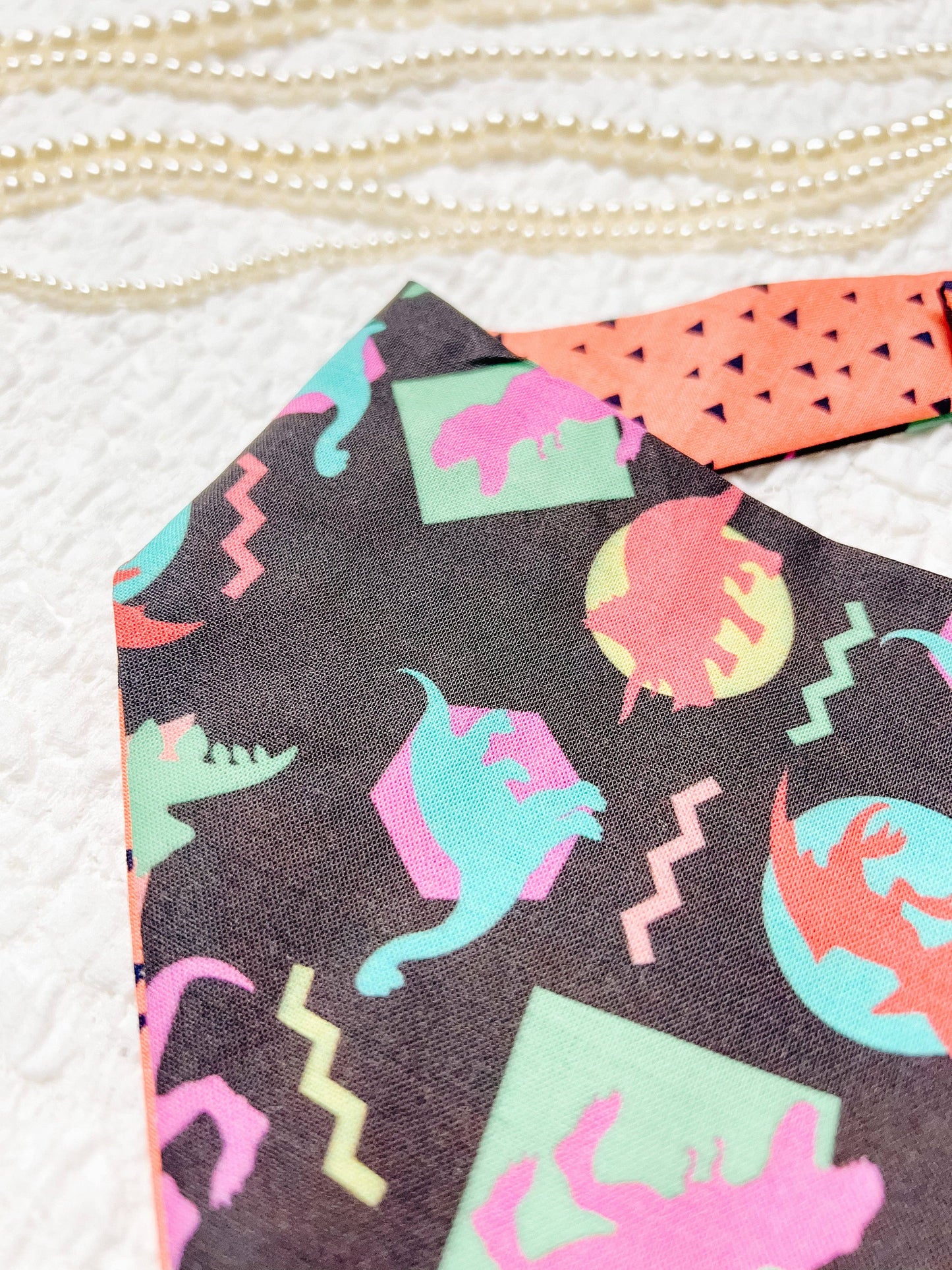 Retro Dino Dog Bandana, Reversible Snap On Collar: XL