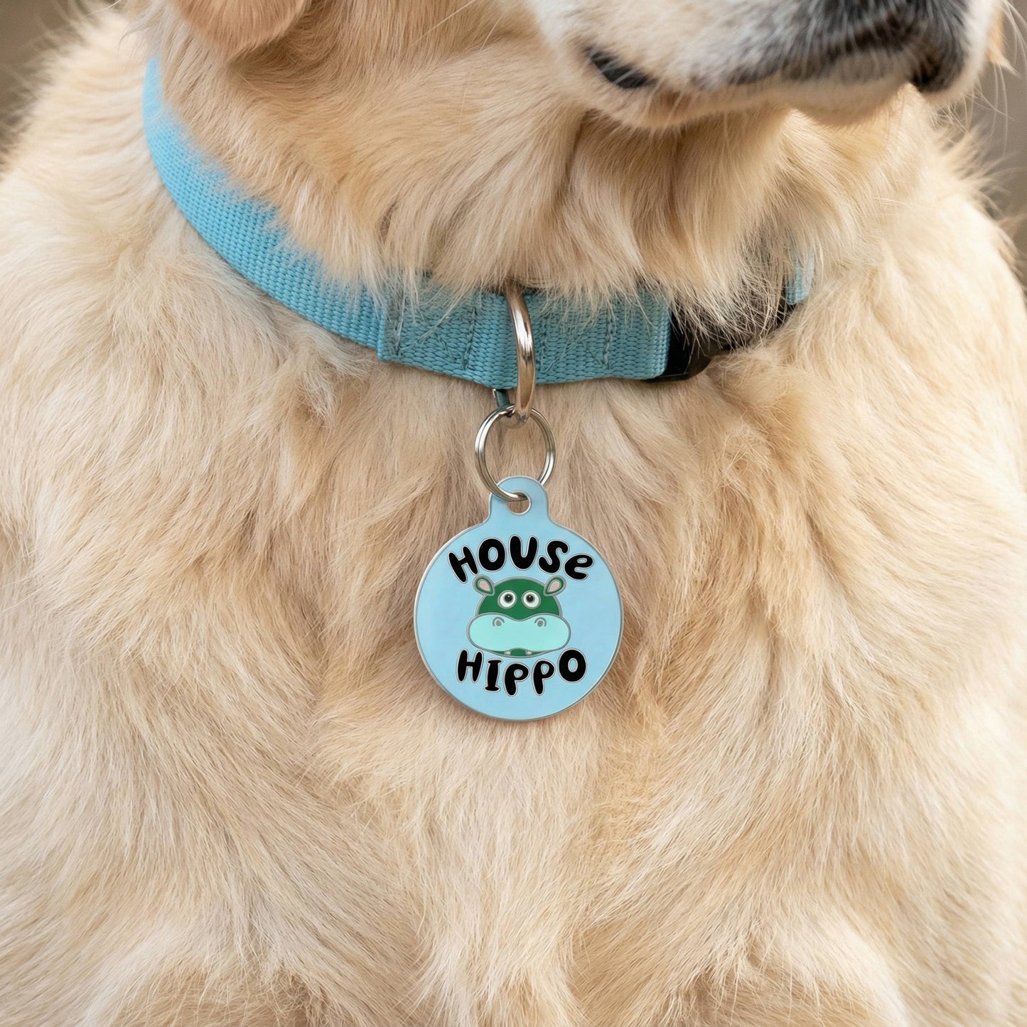 Cute Dog Charm & Pet ID Tag - House Hippo *Blue: Large / Engraved QR Code