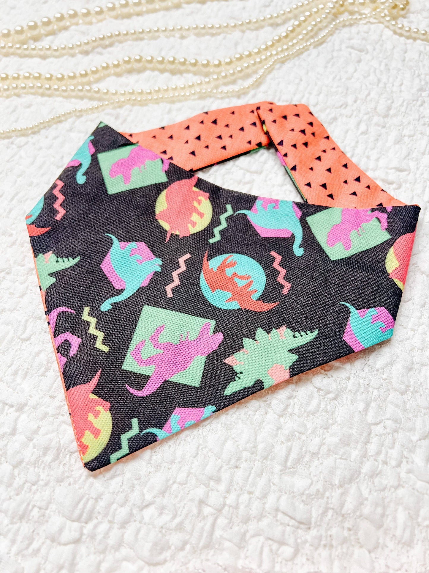 Retro Dino Dog Bandana, Reversible Snap On Collar: XL