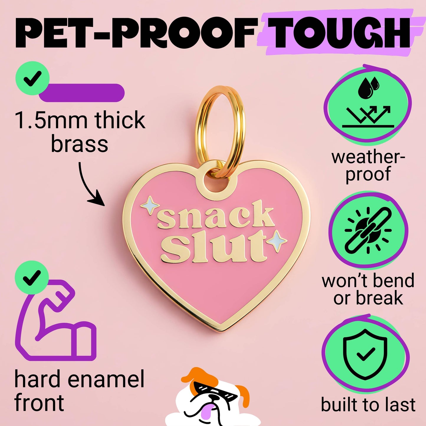Funny Gold Enamel Dog Charm & Pet ID Tag - Snack Slut : Large / Engraved QR Code
