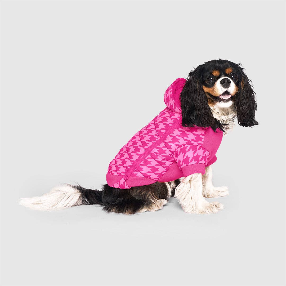 Prism Puffer- Dog Coat: Pink Houndstooth / 24
