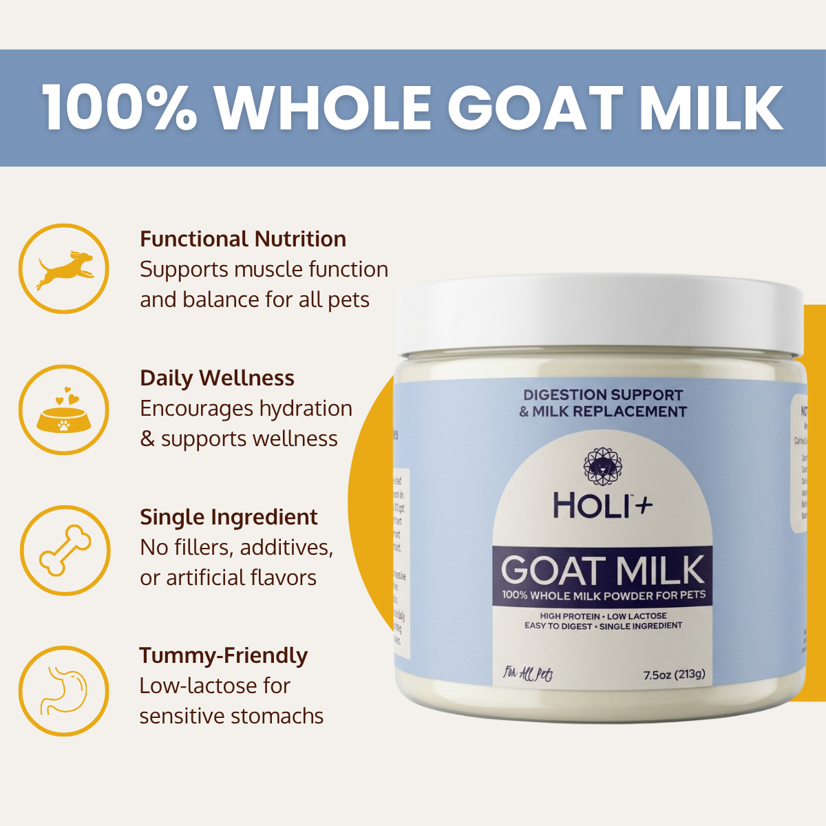 HOLI Powdered Goat Milk for Dogs & Cats | Single-Ingredient Topper & Milk Replacer: 7.5oz