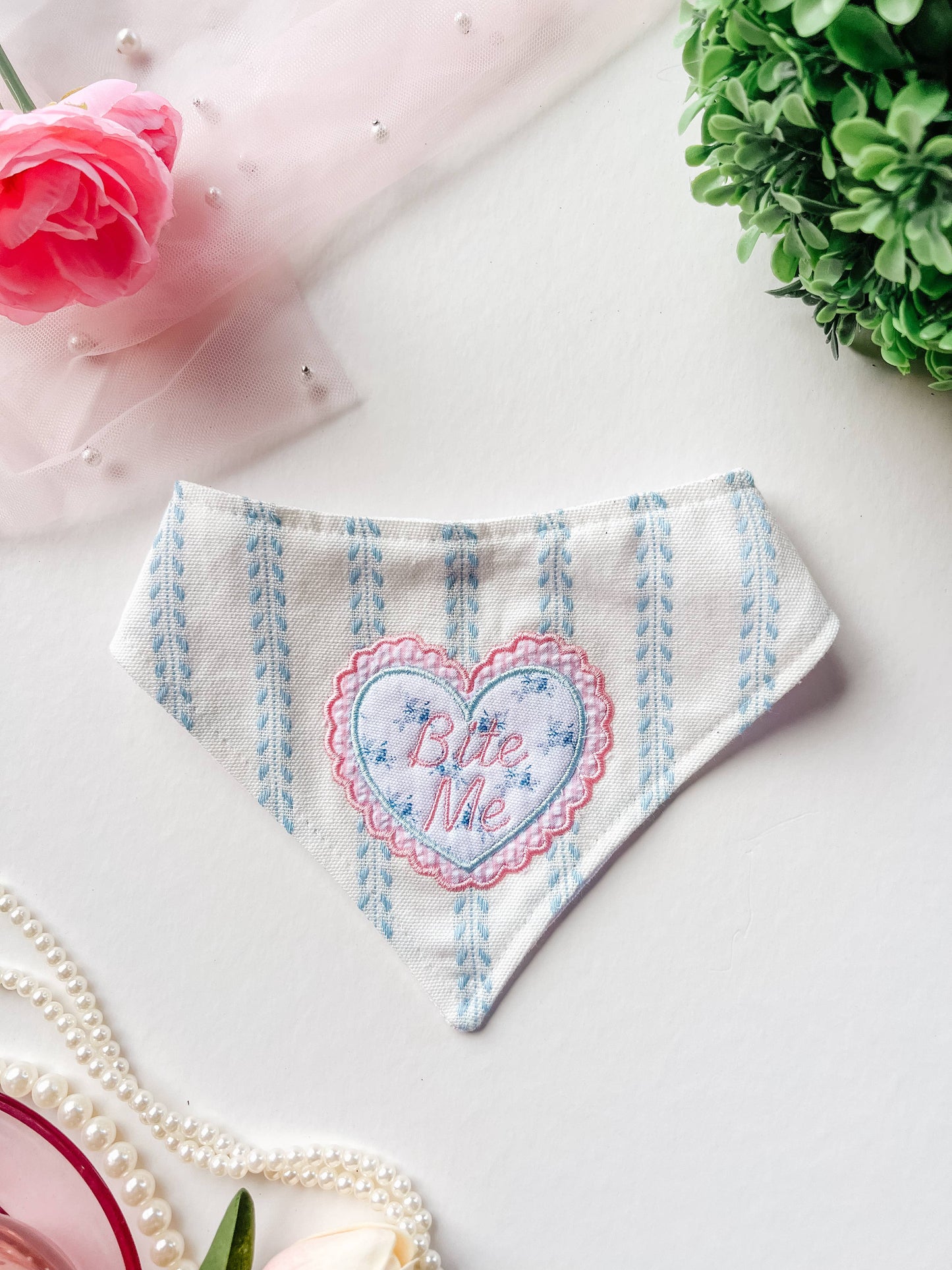 Love Heart Embroidery Denim Dog Bandana, Metal Snap On Pet: XL