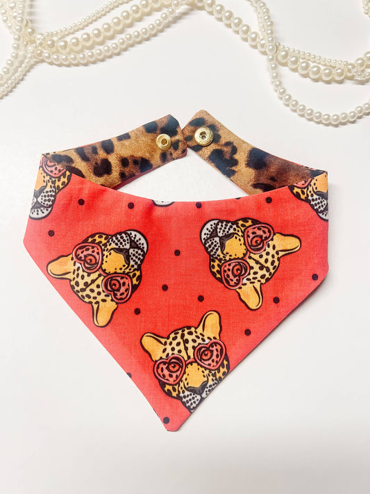 Cheetah Reversible Dog Bandana, Metal Snaps Pet Scarf Collar: L