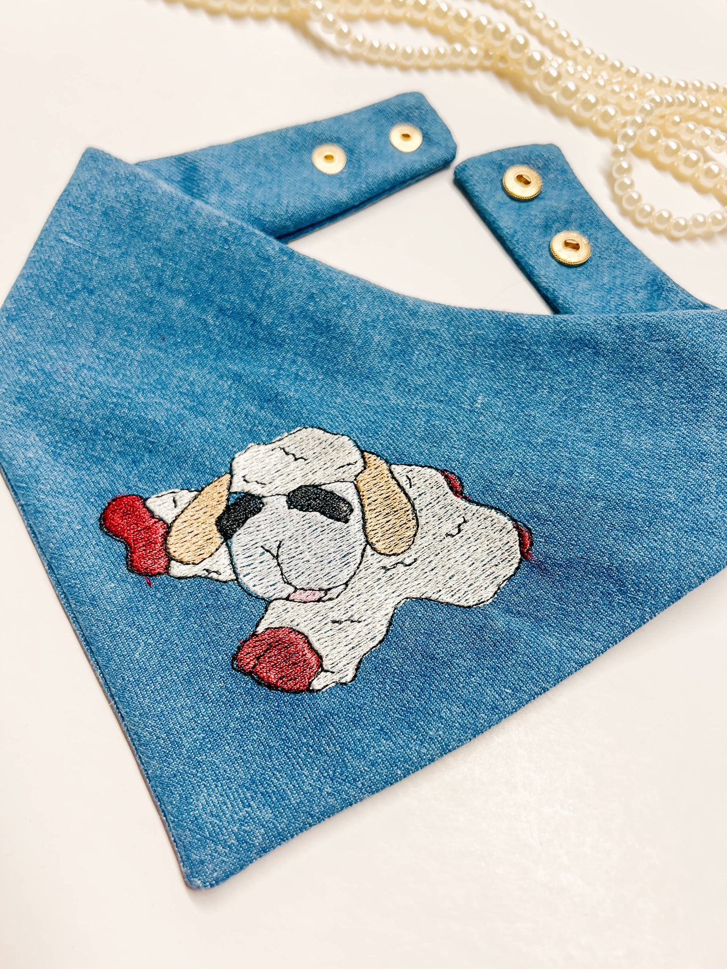 Classic Lamb Embroidery Denim Dog Bandana, Metal Snap On Pet: L