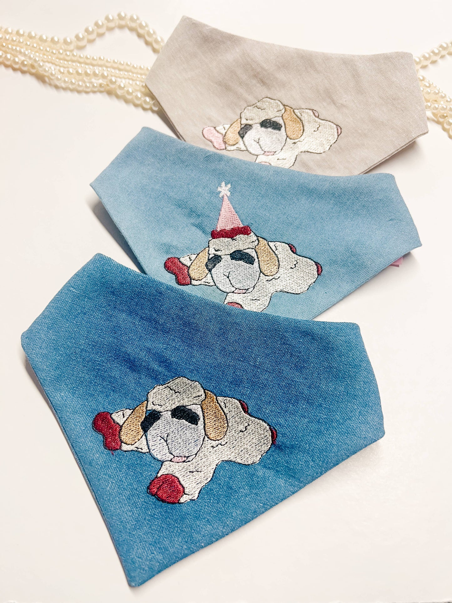 Classic Lamb Embroidery Denim Dog Bandana, Metal Snap On Pet: L