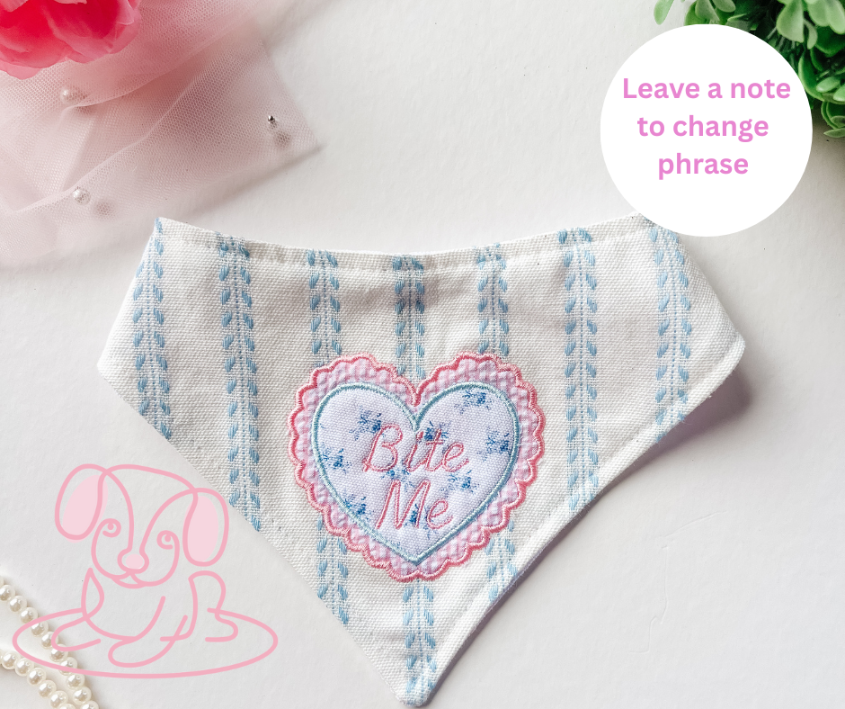 Love Heart Embroidery Denim Dog Bandana, Metal Snap On Pet: XL