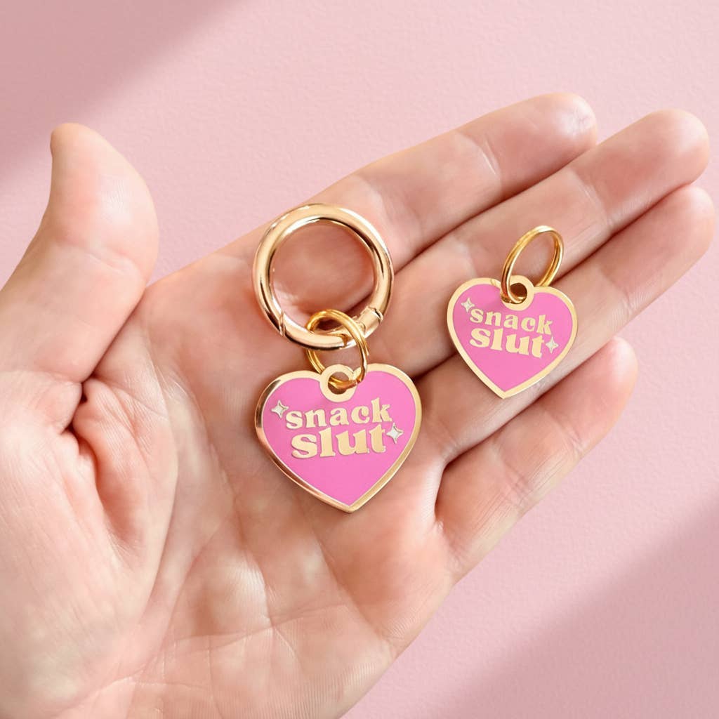 Funny Gold Enamel Dog Charm & Pet ID Tag - Snack Slut : Large / Engraved QR Code