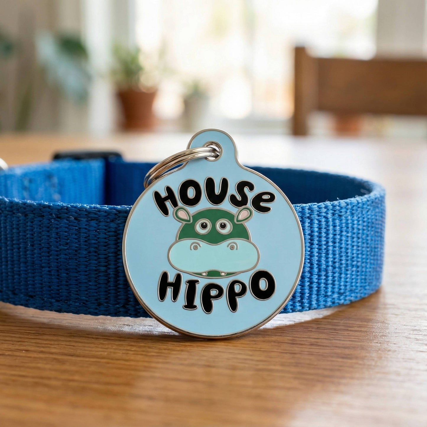 Cute Dog Charm & Pet ID Tag - House Hippo *Blue: Large / Engraved QR Code