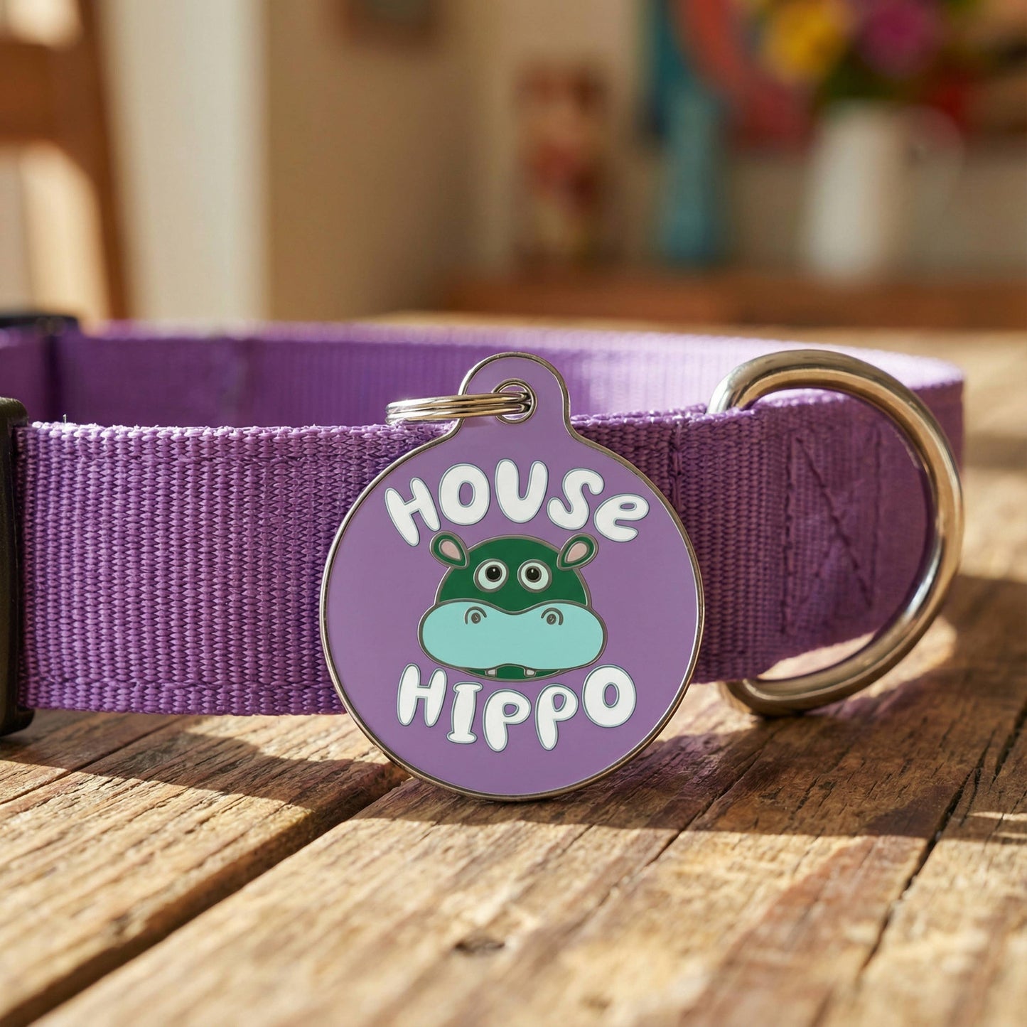 Cute Dog Charm & Pet ID Tag - House Hippo *Purple: Large / Engraved QR Code