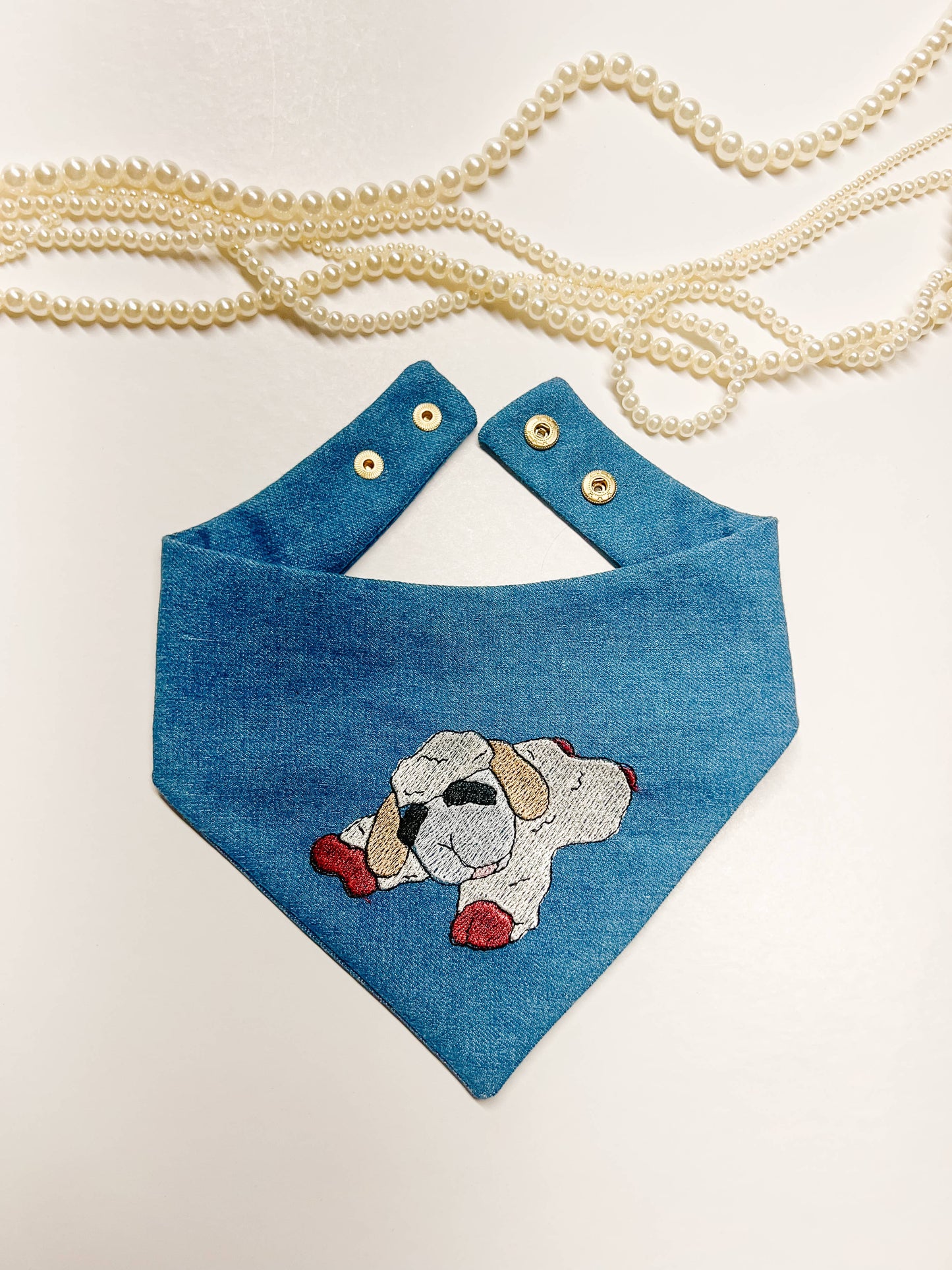 Classic Lamb Embroidery Denim Dog Bandana, Metal Snap On Pet: L