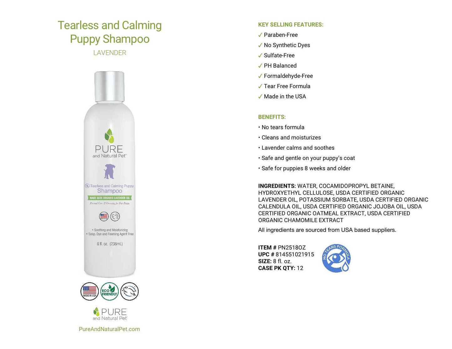 Tearless and Calming Puppy Natural Shampoo