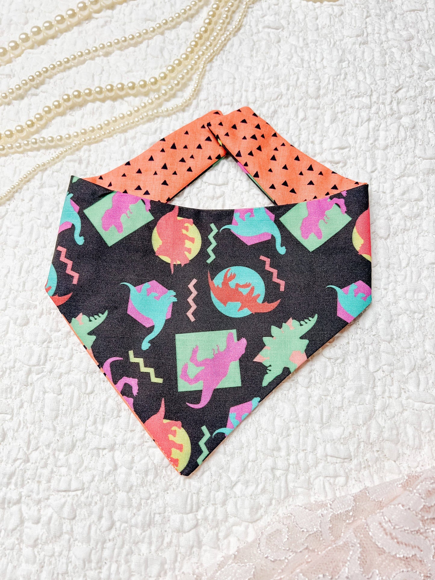 Retro Dino Dog Bandana, Reversible Snap On Collar: XL