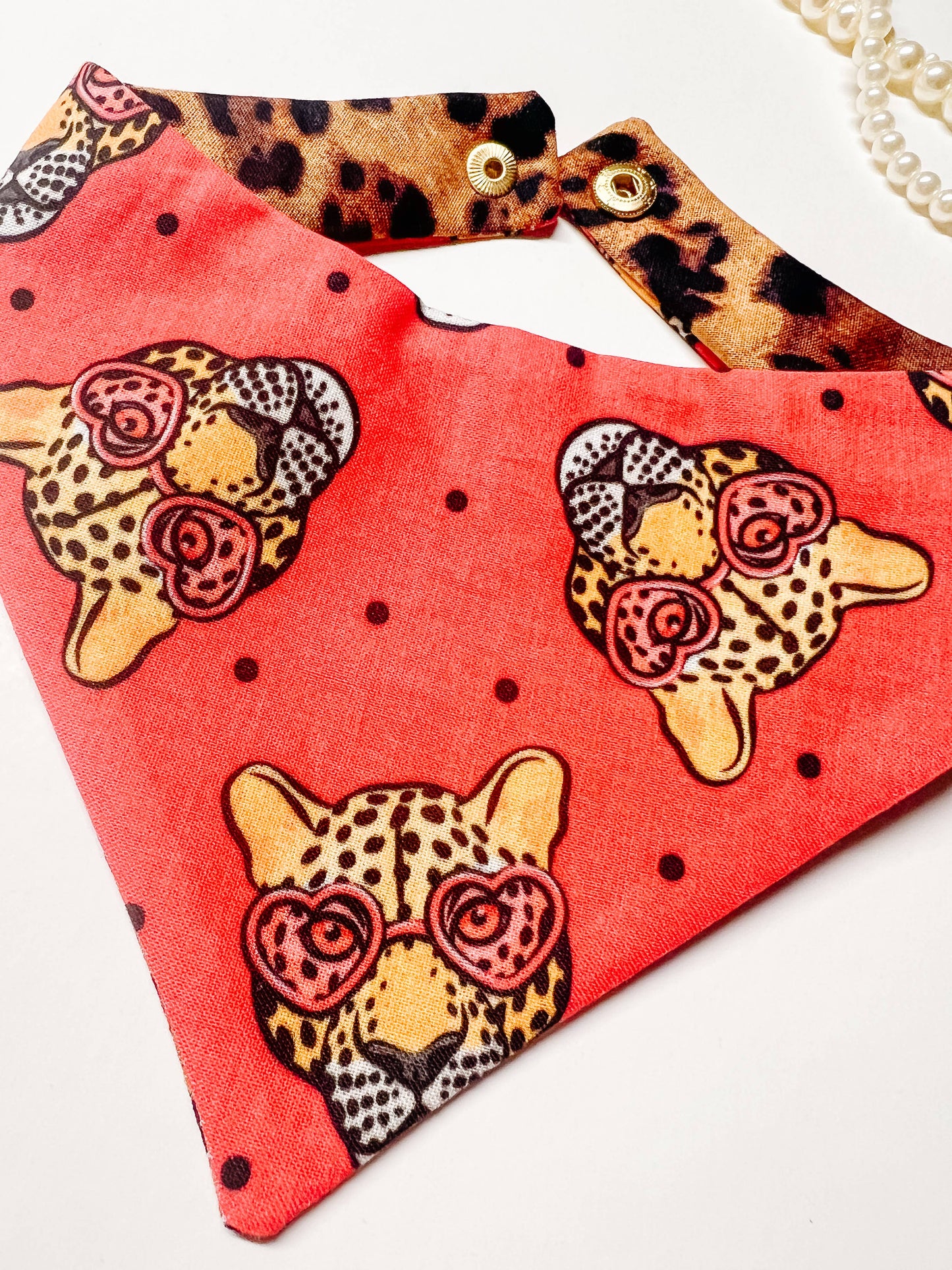 Cheetah Reversible Dog Bandana, Metal Snaps Pet Scarf Collar: L