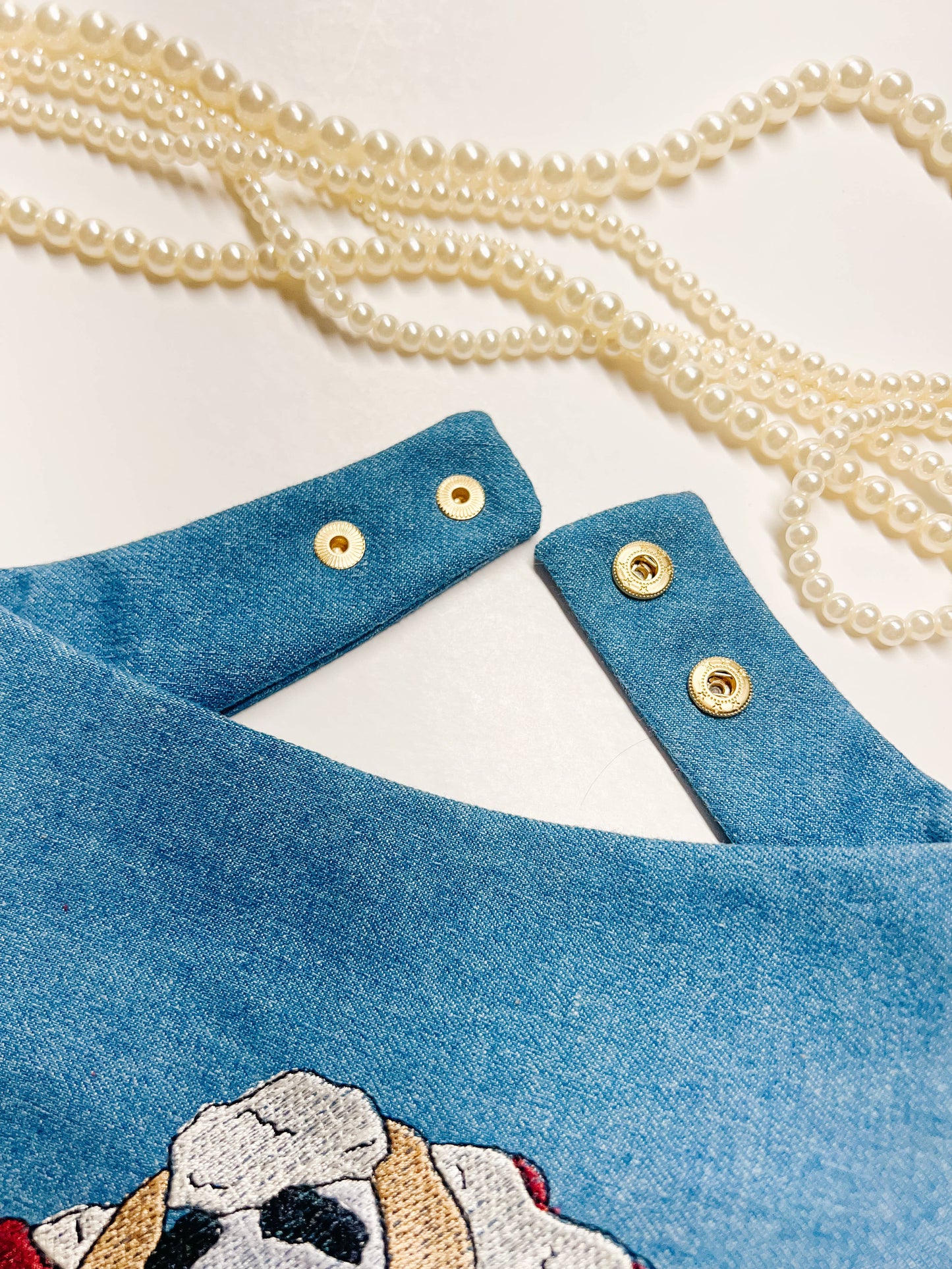 Classic Lamb Embroidery Denim Dog Bandana, Metal Snap On Pet: L