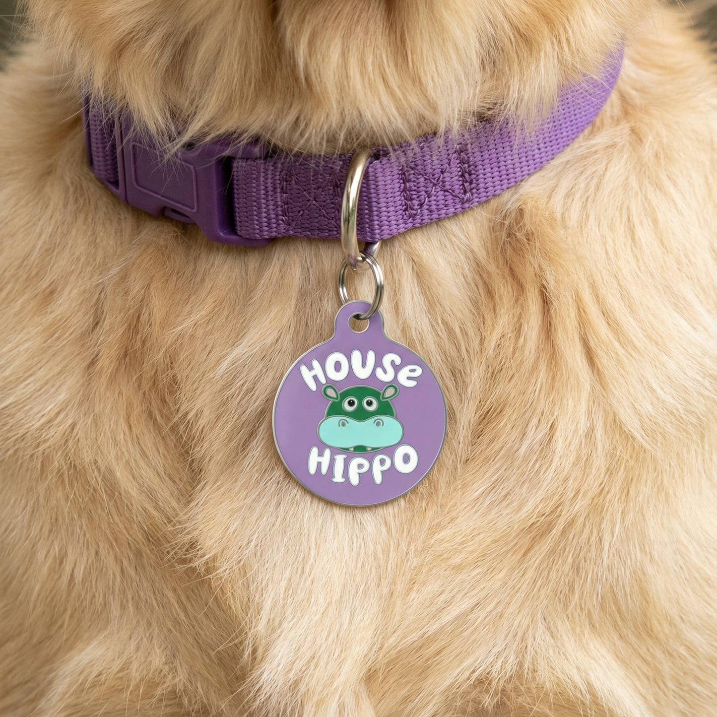 Cute Dog Charm & Pet ID Tag - House Hippo *Purple: Large / Engraved QR Code